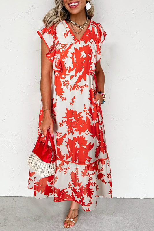 Red Floral Print Trimmed V Neck Ruffle Sleeve Long Dress Red M