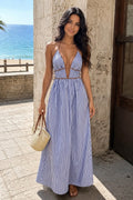 Long Maxi Dress With Waist Tie, Hood, And Vertical Stripes