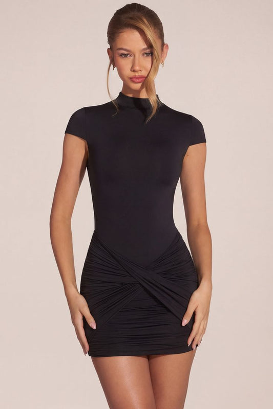 Blair Ruched Backless Turtleneck Mini Dress In Black