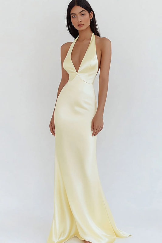 Daffodil Satin Sheath Halter V Neck Long Prom Dress Pink