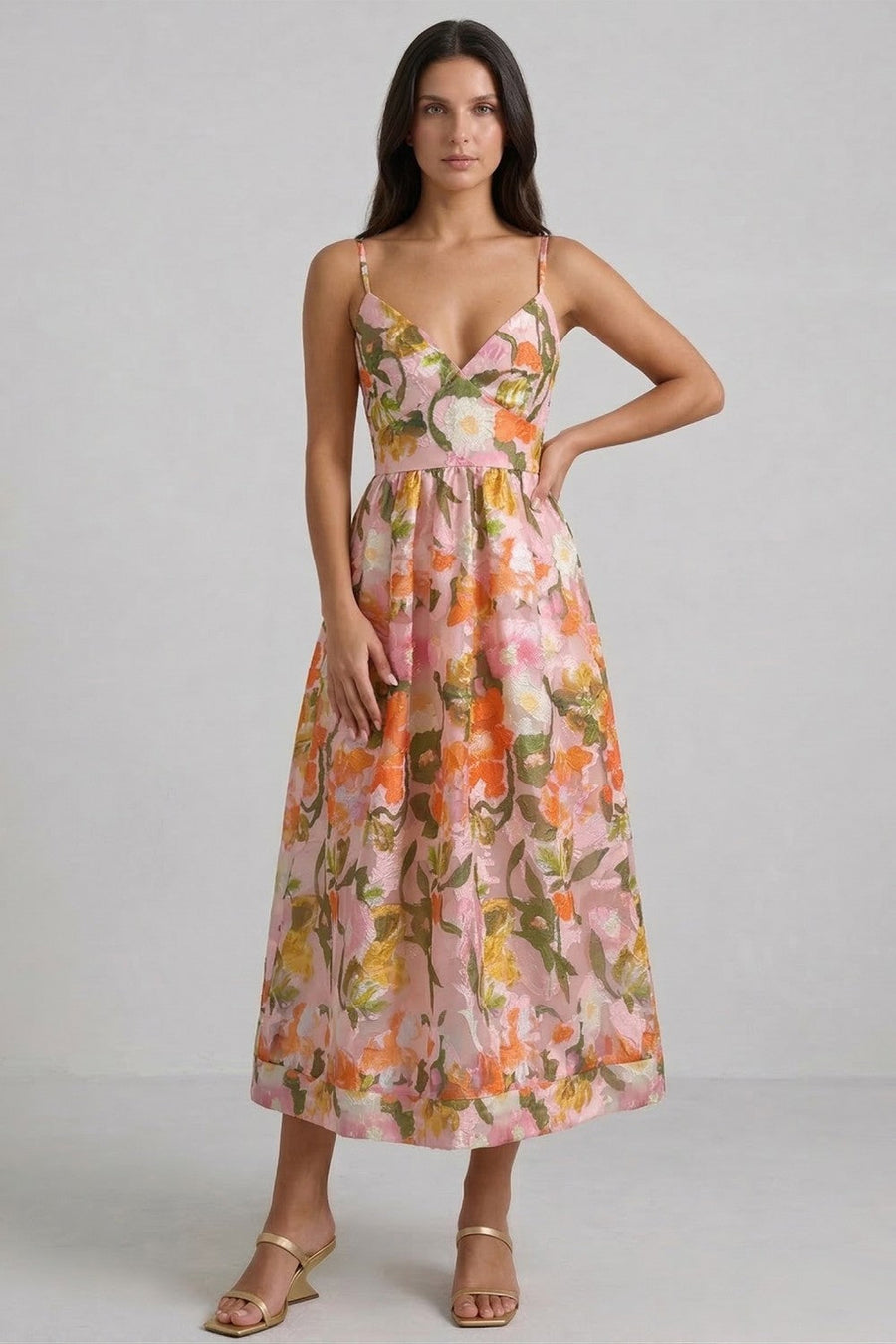 Everest Floral Midi Dress, Peach Multi