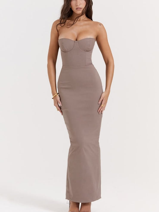 Lucia Strapless Corset Maxi Dress in Taupe