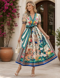 Boho Floral Summer Dress, Vintage Style Midi Sundress, Wedding Guest