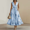 Women's Printed V Neck Sleeveless Fashion Pleated Dress White Dress
