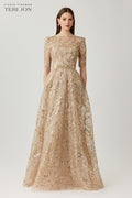 Sequin Embroidered Tulle 3 4 Sleeve Gown Gold