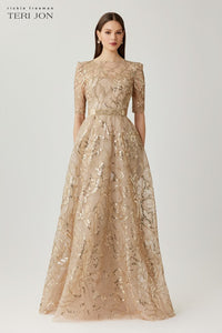 Sequin Embroidered Tulle 3 4 Sleeve Gown Gold