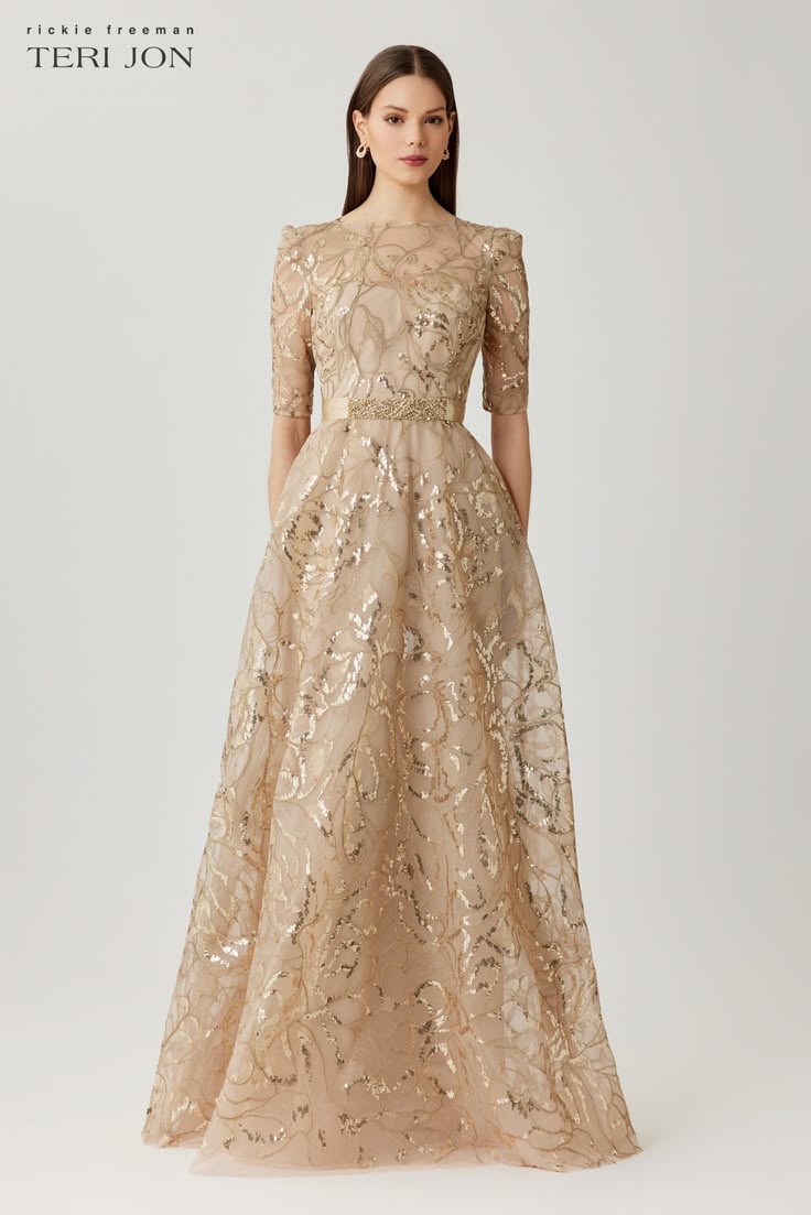 Sequin Embroidered Tulle 3 4 Sleeve Gown Gold