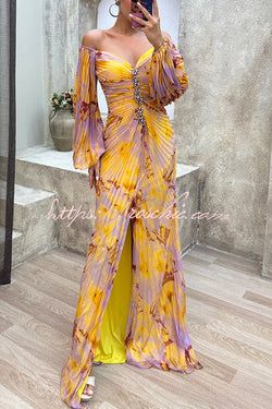 Sunset Serenade Printed Off Shoulder Diamond Embellished Pleated Slit