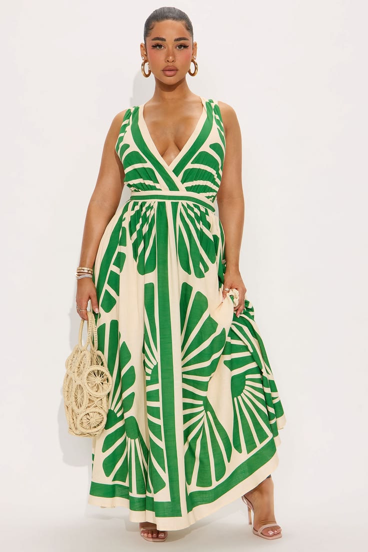 On Vacation Linen Maxi Dress Green Combo Fashion Nova
