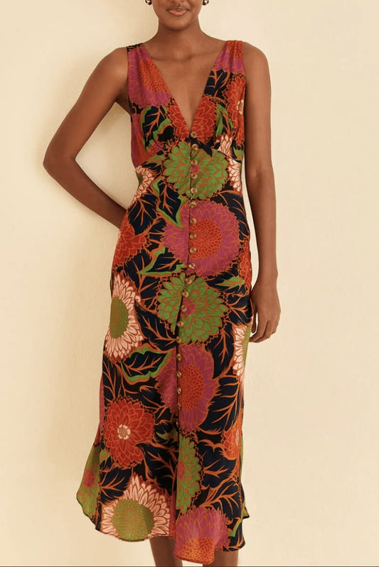Black Vintage Garden Sleeveless Midi Dress at TAGS Boutique
