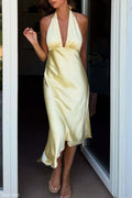Adelie Asymmetric Hem Halter Midi Dress Butter