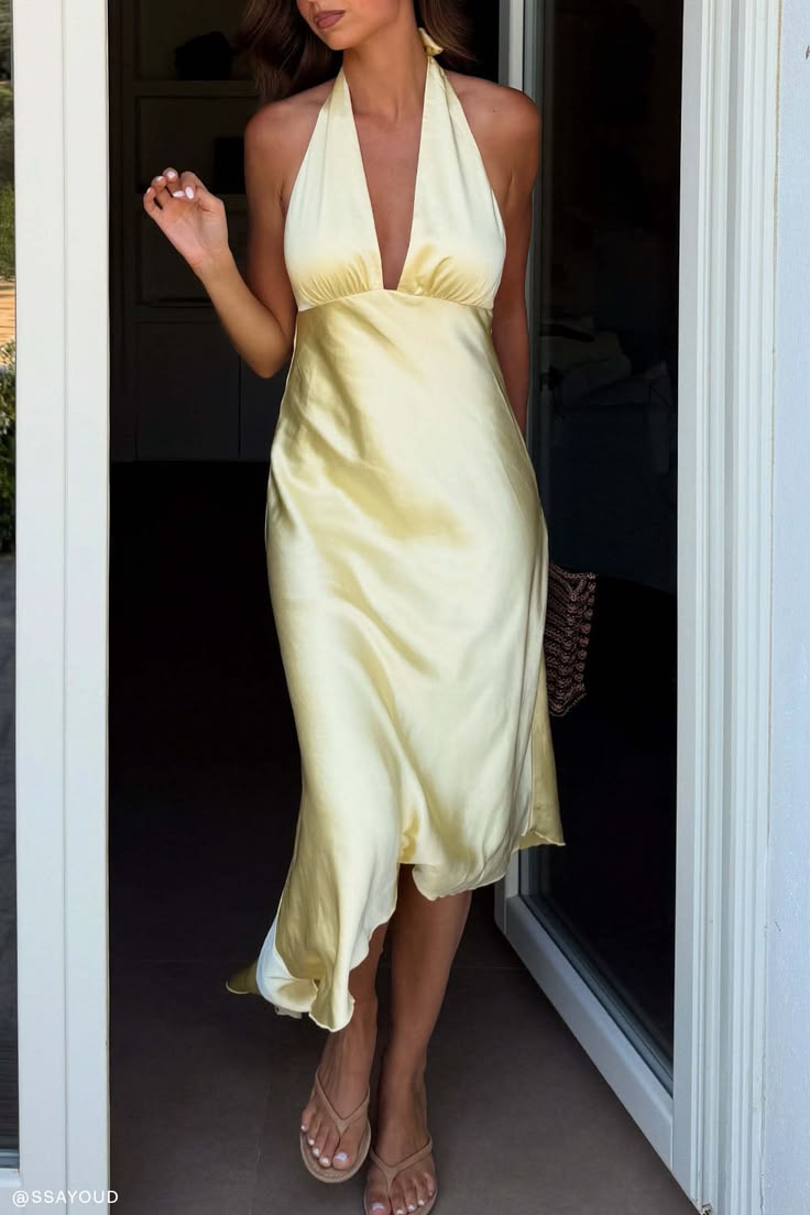 Adelie Asymmetric Hem Halter Midi Dress Butter