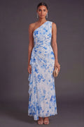 Mermaid Blue Floral Ruched Long Wedding Guest Dress With Drape