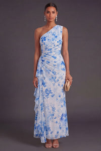 Mermaid Blue Floral Ruched Long Wedding Guest Dress With Drape