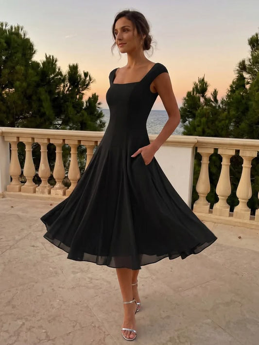A Line Midi Cap Sleeve Wedding Guest Dress
