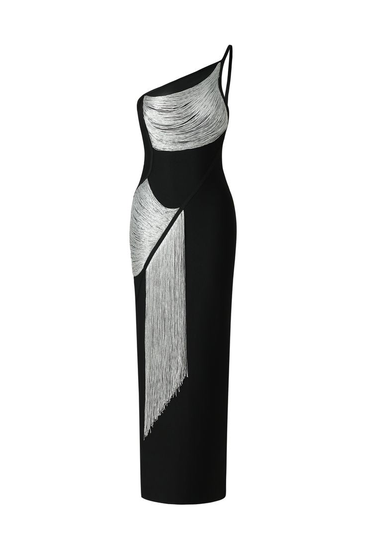 Roanna One Shoulder Sleeveless Tassels Bandage Maxi Dress