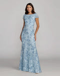 Mac Duggal Blue Floral Applique Boat Neck Cap Sleeve Gown