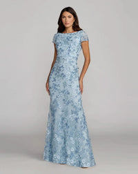 Mac Duggal Blue Floral Applique Boat Neck Cap Sleeve Gown