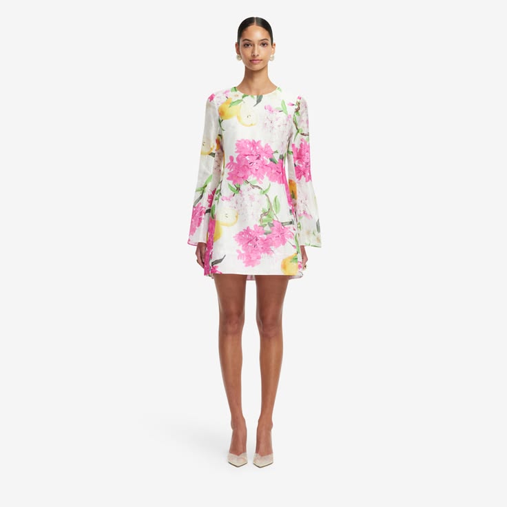 Leo Lin Suzanne Bell Sleeve Mini Dress Floral Pear Print