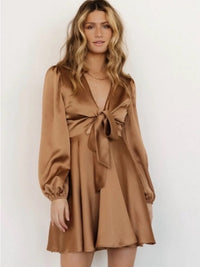 Dress Satin Tie Front Long Sleeve Mini Dress In Brown Color: Brown