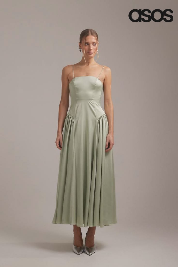 Design Bridesmaids Drop Waist Tie Detail Cami Midaxi Dress In Sage