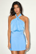Sleek Essence Blue Satin Halter Sleeveless Mini Dress