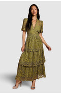Short Sleeve Tiered Lace Midi Dress (Women)