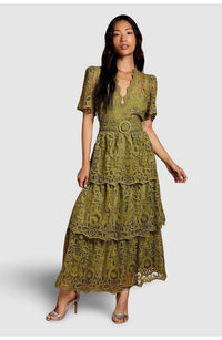 Short Sleeve Tiered Lace Midi Dress (Women)