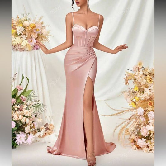 Luxe Sexy Slit Thigh Party Bridesmaids Prom Wedding Satin Tube Dress