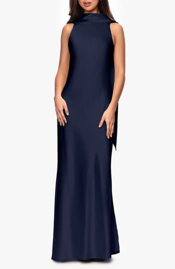 Xscape Evenings Satin Tie Back Mermaid Gown In Navy At