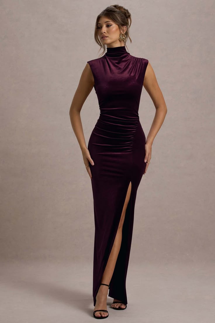 Abilene Port Velvet High Neck Split Maxi Dress