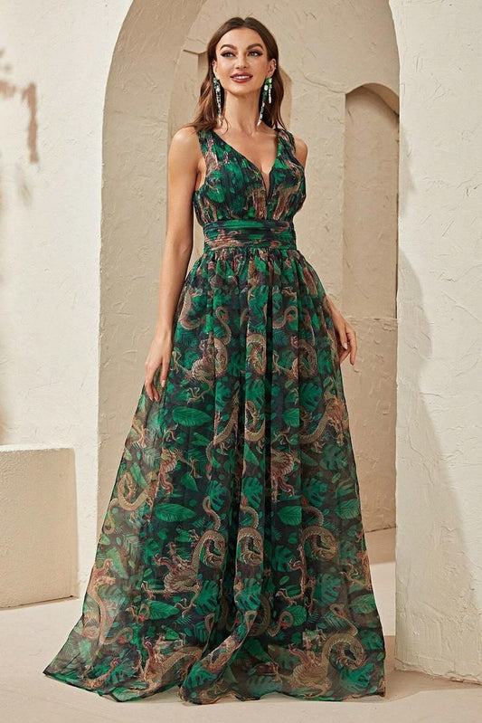 Floral Cami V Neck Pleated Maxi Dress