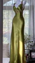 Elegant Olive Green Mermaid V Neck Backless Satin Long Prom Dress