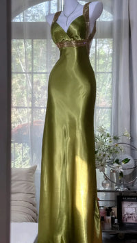 Elegant Olive Green Mermaid V Neck Backless Satin Long Prom Dress