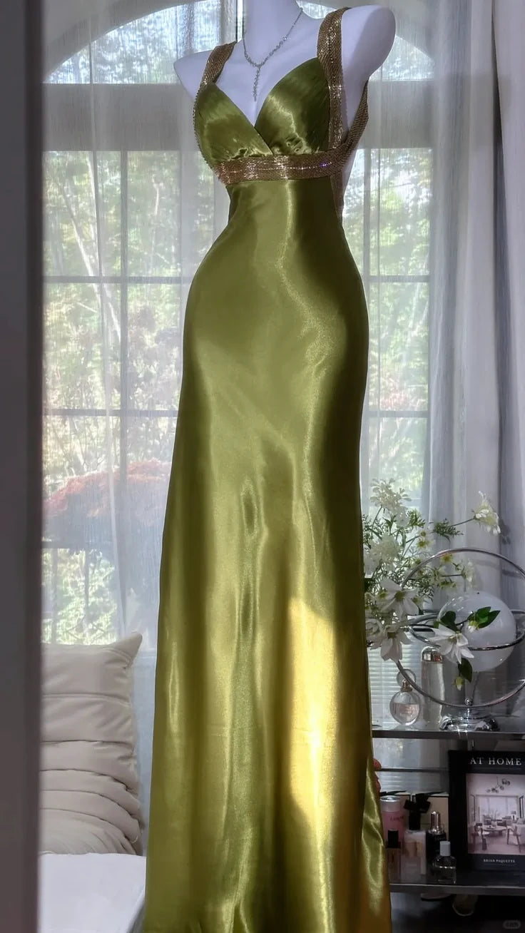 Elegant Olive Green Mermaid V Neck Backless Satin Long Prom Dress