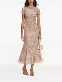 Sequin Embellished Floral Print Midi Dress Neutrals