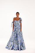 A Line Corset Taffeta Maxi Gown In Blue Hydrangea Print For Formal