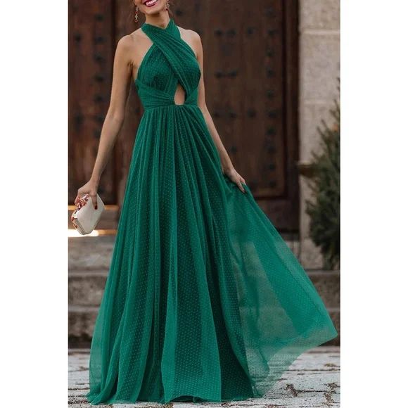 Rachell`S Boutique Dress Green Polka Dot Criss Cross Halter Neck Prom