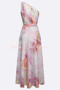 Verne Chiffon 3D Floral One Shoulder Pleated Sleeveless A-Line Gown Maxi Dress