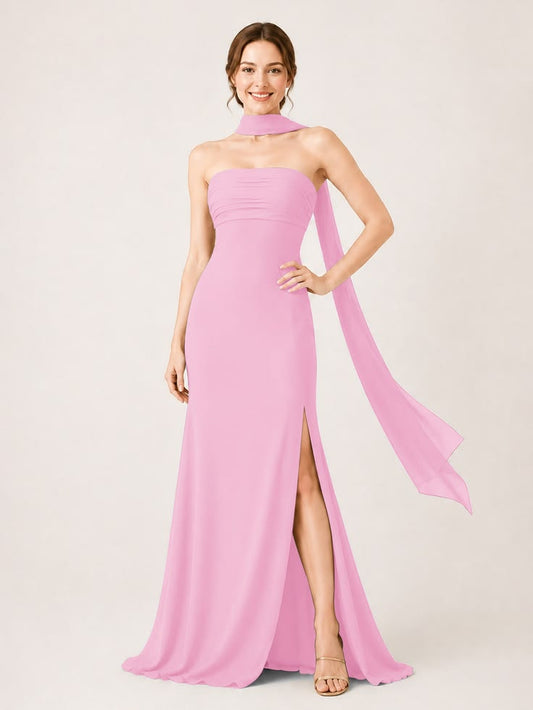 Chiffon Candy Pink Bridesmaid Dress Sleeveless Floor Length Strapless