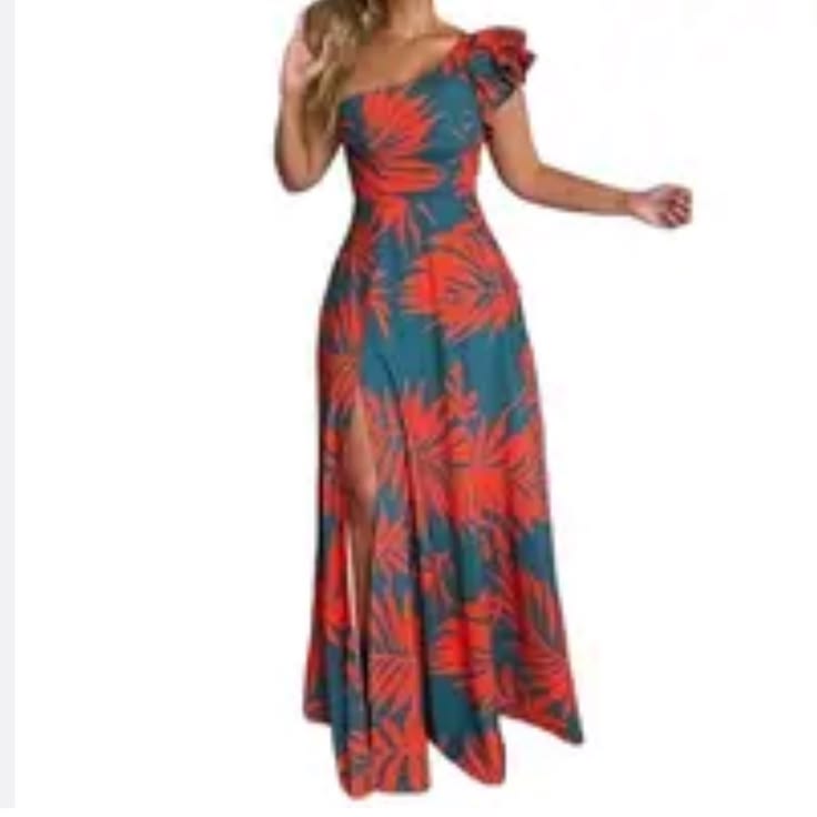 One Shoulder Ruffle Strap Long Leg Slit Tropical Print Maxi. Nwt Size