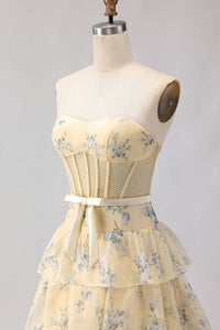 Floral Yellow And Blue Ruffled Sweetheart Long Corset Prom Dress