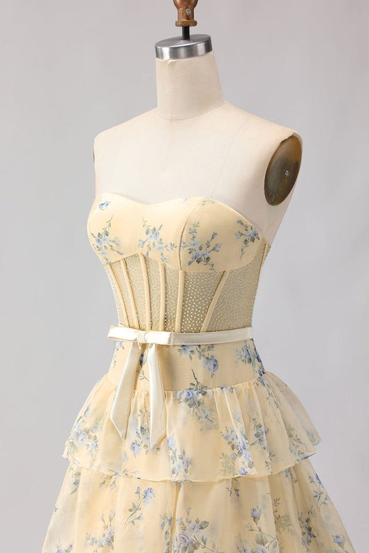 Floral Yellow And Blue Ruffled Sweetheart Long Corset Prom Dress