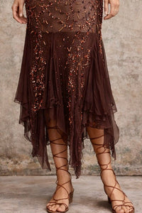 Tory, 90s beaded brown bias cut chiffon handkerchief dress