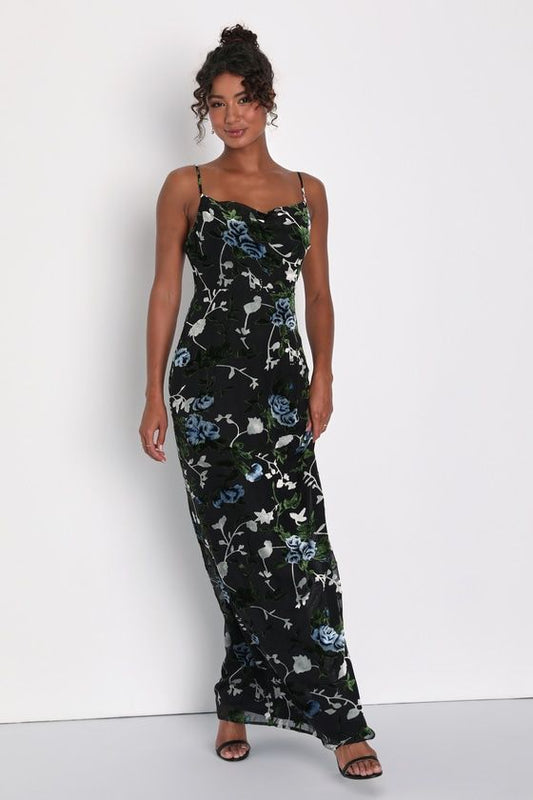 Chic Romantic Black Burnout Velvet Floral Cowl Neck Dress