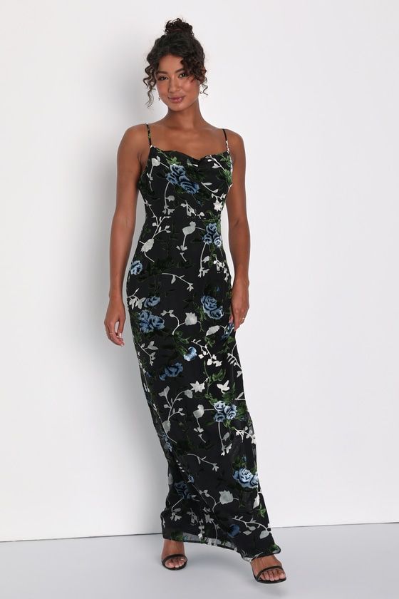 Chic Romantic Black Burnout Velvet Floral Cowl Neck Dress