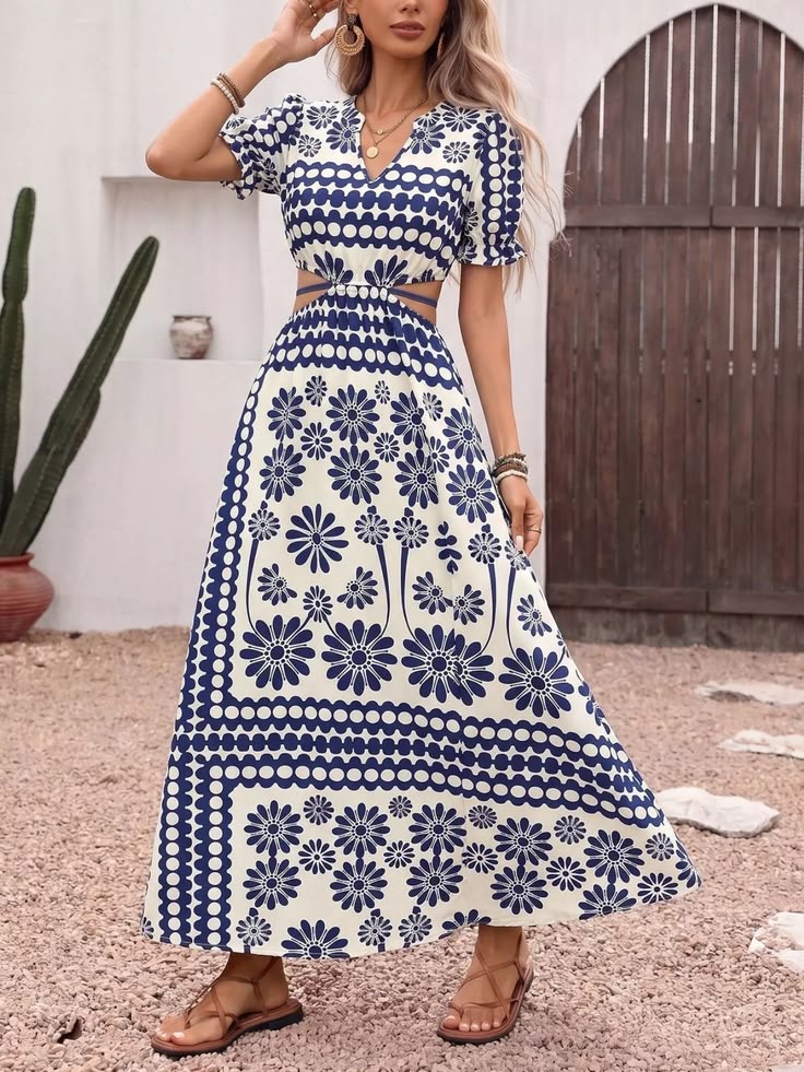 Floral Print Cutout Waist Maxi Dress Navy Blue