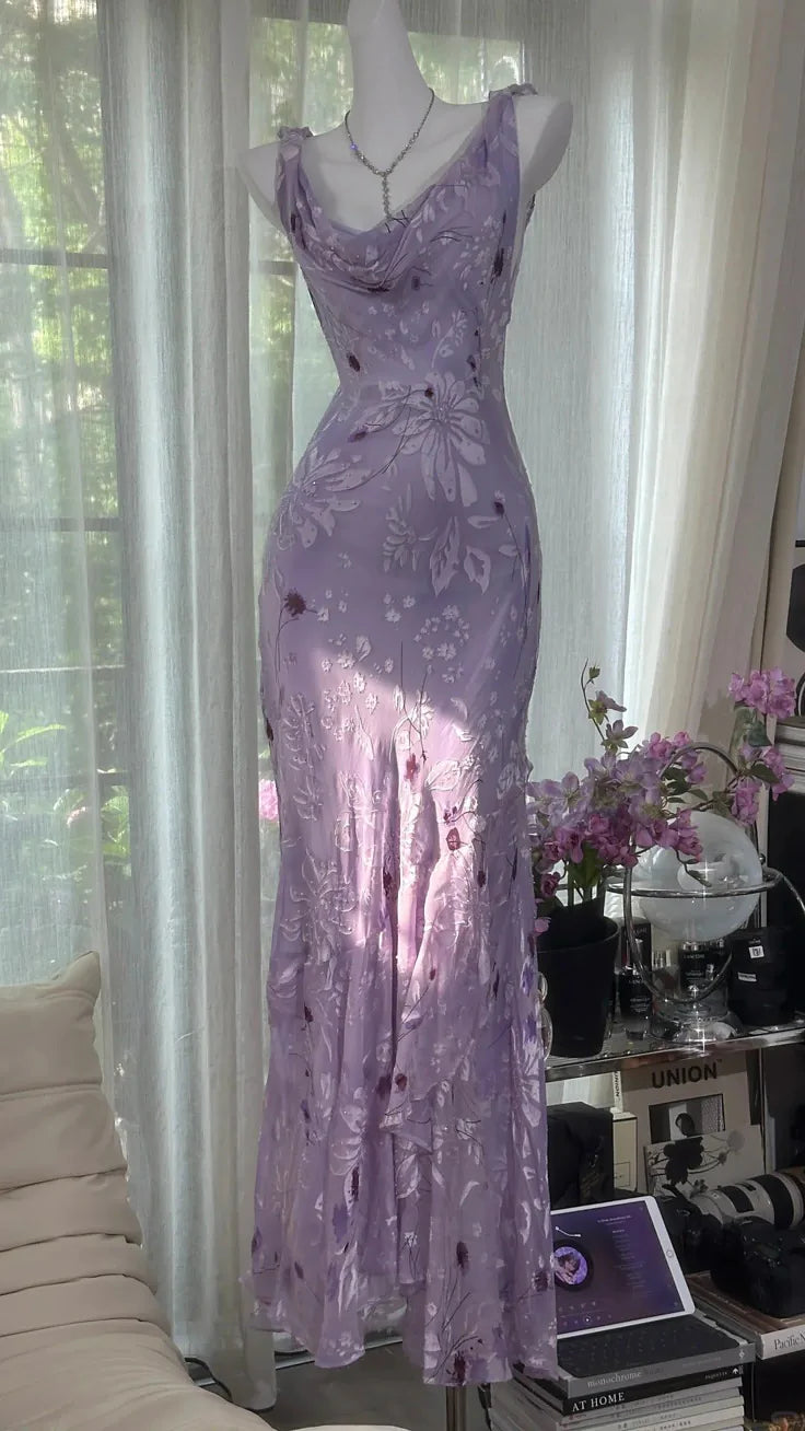 Elegant Purple Mermaid Printed Boat Neck Chiffon Long Prom Dress