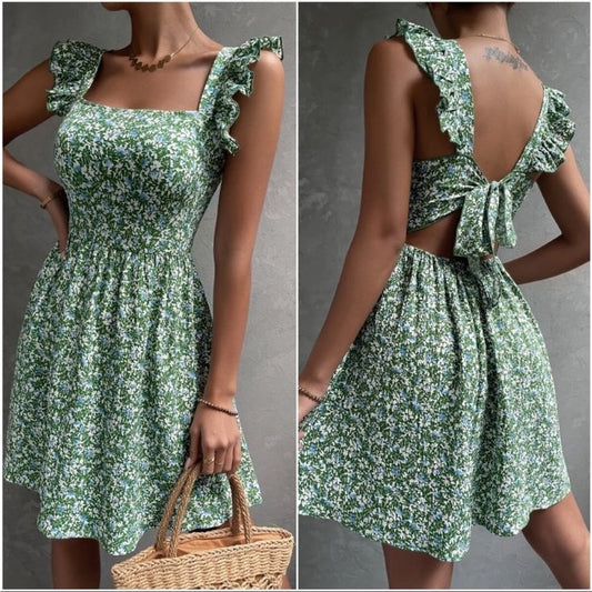 Couture Gypsy Dress Boho Green Floral Print Ruffle Sleeve Mini Dress