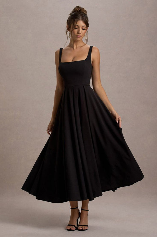 Parina Black Strappy Volume Hem Midi Dress